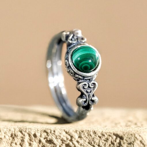 Adjustable "Heart Protection" Malachite & Silver Ring