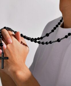 Matte Black Onyx Bead Rosary Necklace