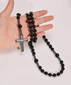 Matte Black Onyx Bead Rosary Necklace