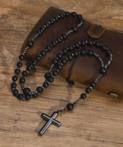 Matte Black Onyx Bead Rosary Necklace