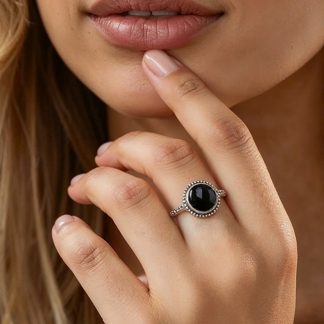 Black Onyx & Silver Protective Ring