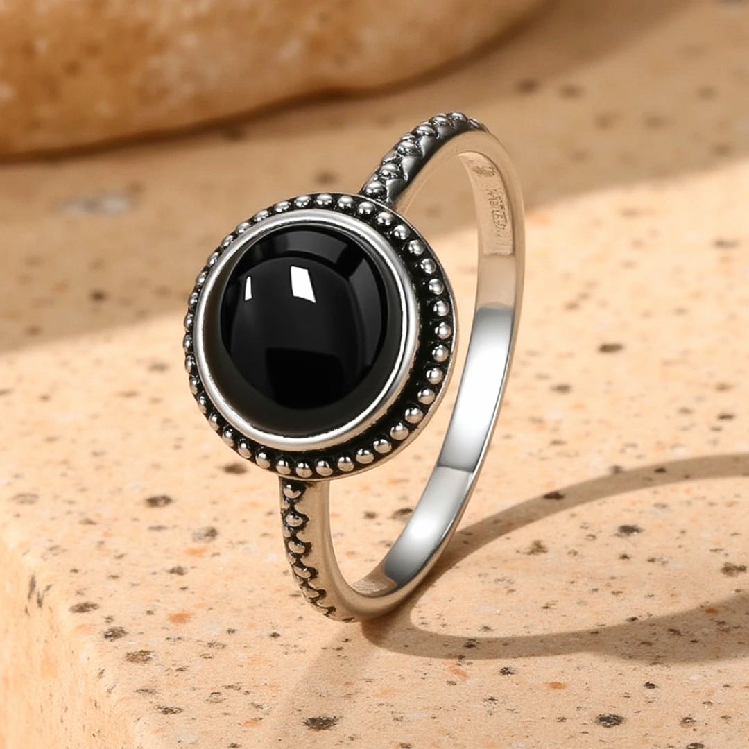 Black Onyx & Silver Protective Ring