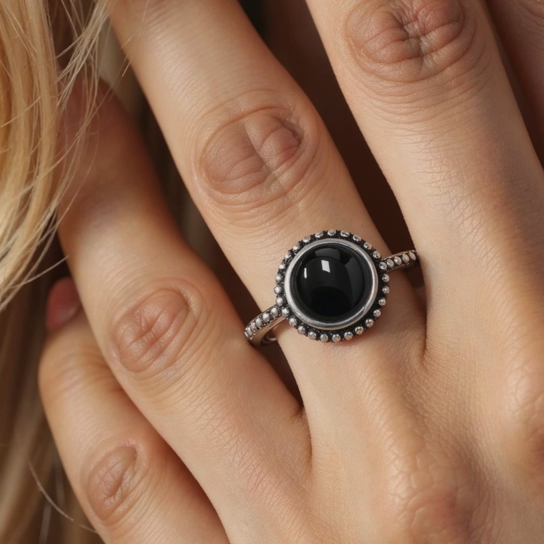 Black Onyx & Silver Protective Ring