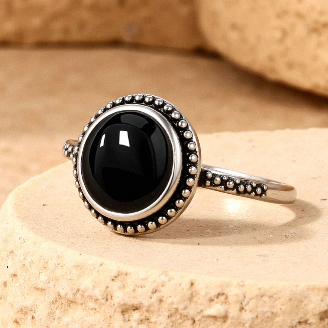 Black Onyx & Silver Protective Ring