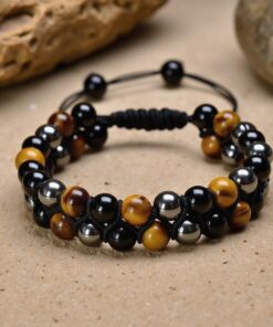 Adjustable "Triple Protection" Braided Bracelet in Hematite, Tiger Eye & Obsidian
