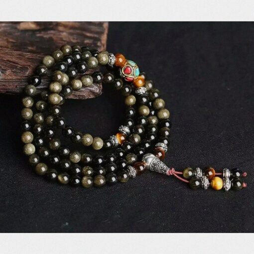 Buddhist Black & Gold Obsidian Mala Bracelet