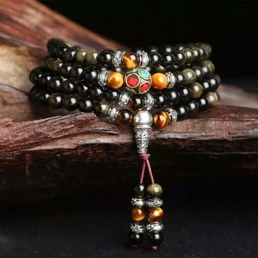 Buddhist Black & Gold Obsidian Mala Bracelet