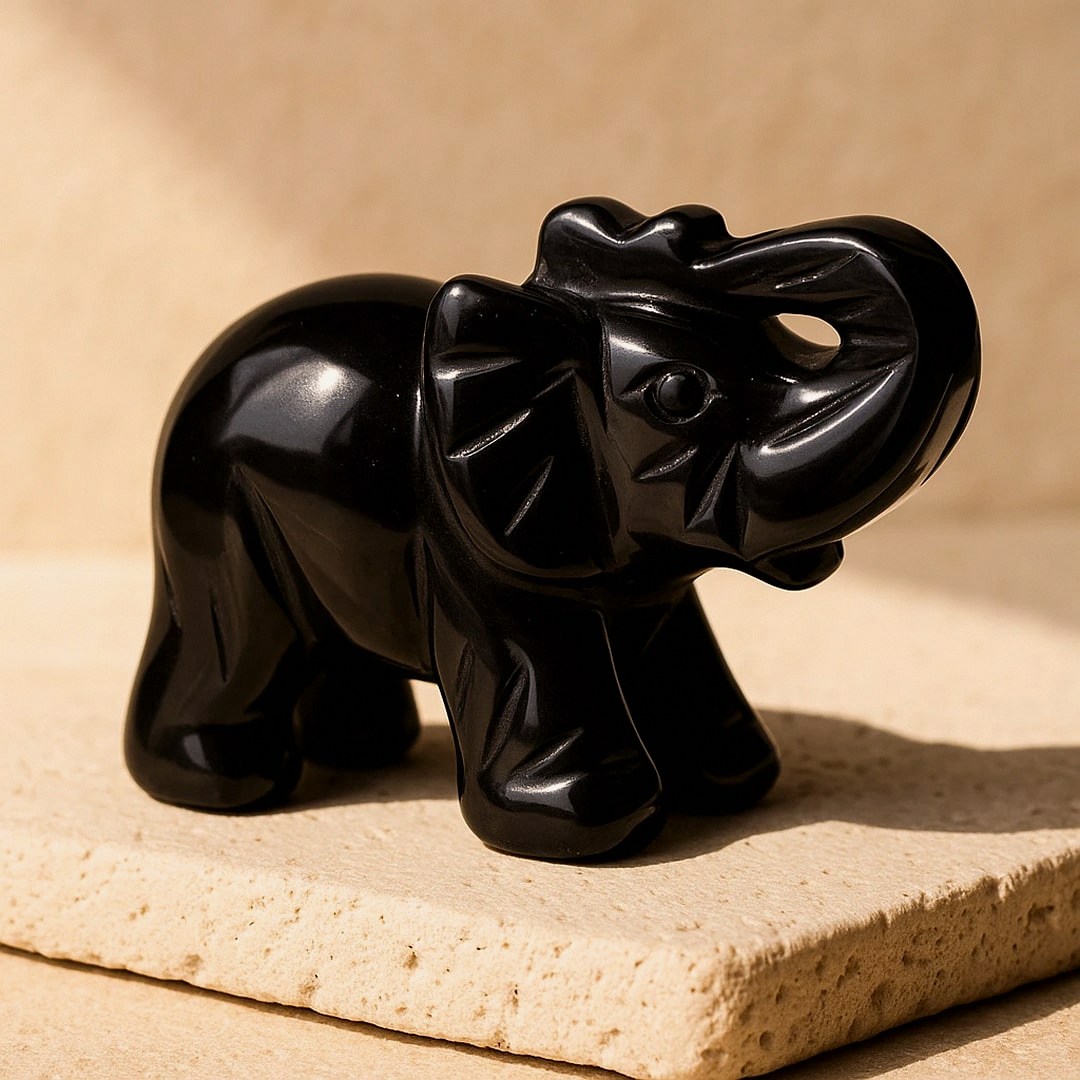 Tiger Eye or Obsidian "Wisdom Guardian" Elephant Sculpture