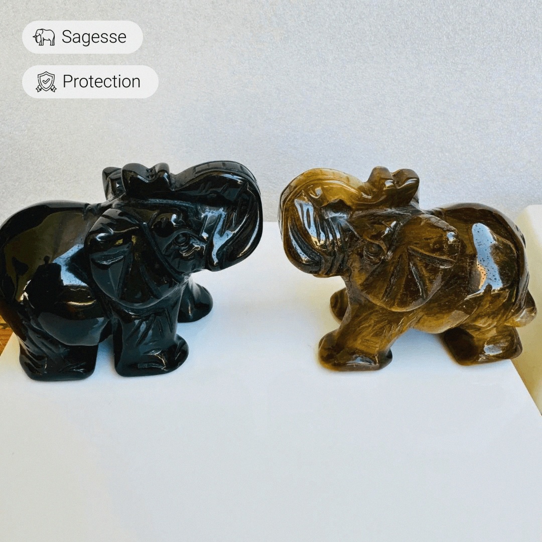 Tiger Eye or Obsidian "Wisdom Guardian" Elephant Sculpture