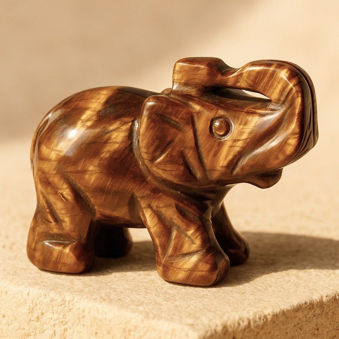 Tiger Eye or Obsidian "Wisdom Guardian" Elephant Sculpture