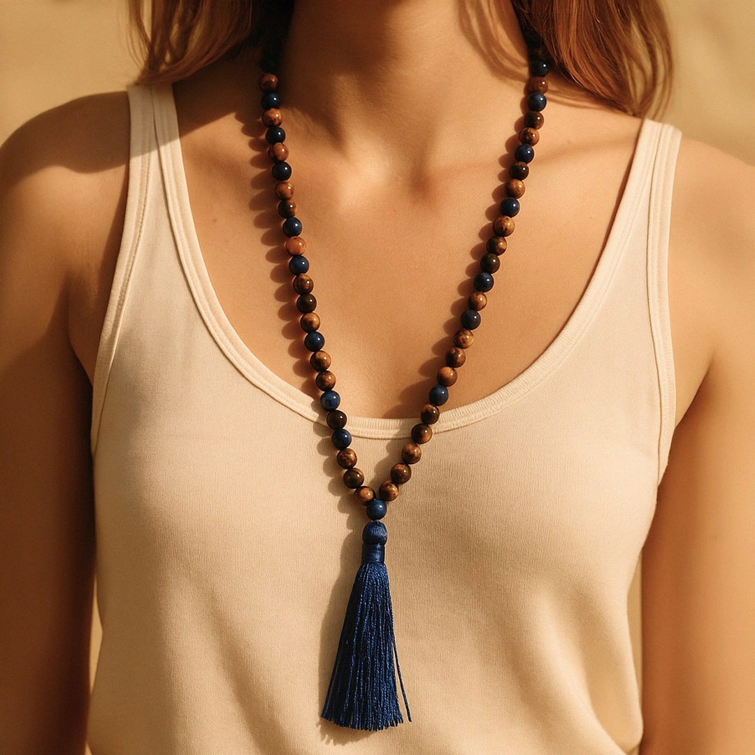 Lapis Lazuli & Tiger Eye Mala Necklace for Protection and Communication