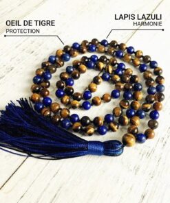 Lapis Lazuli & Tiger Eye Mala Necklace for Protection and Communication