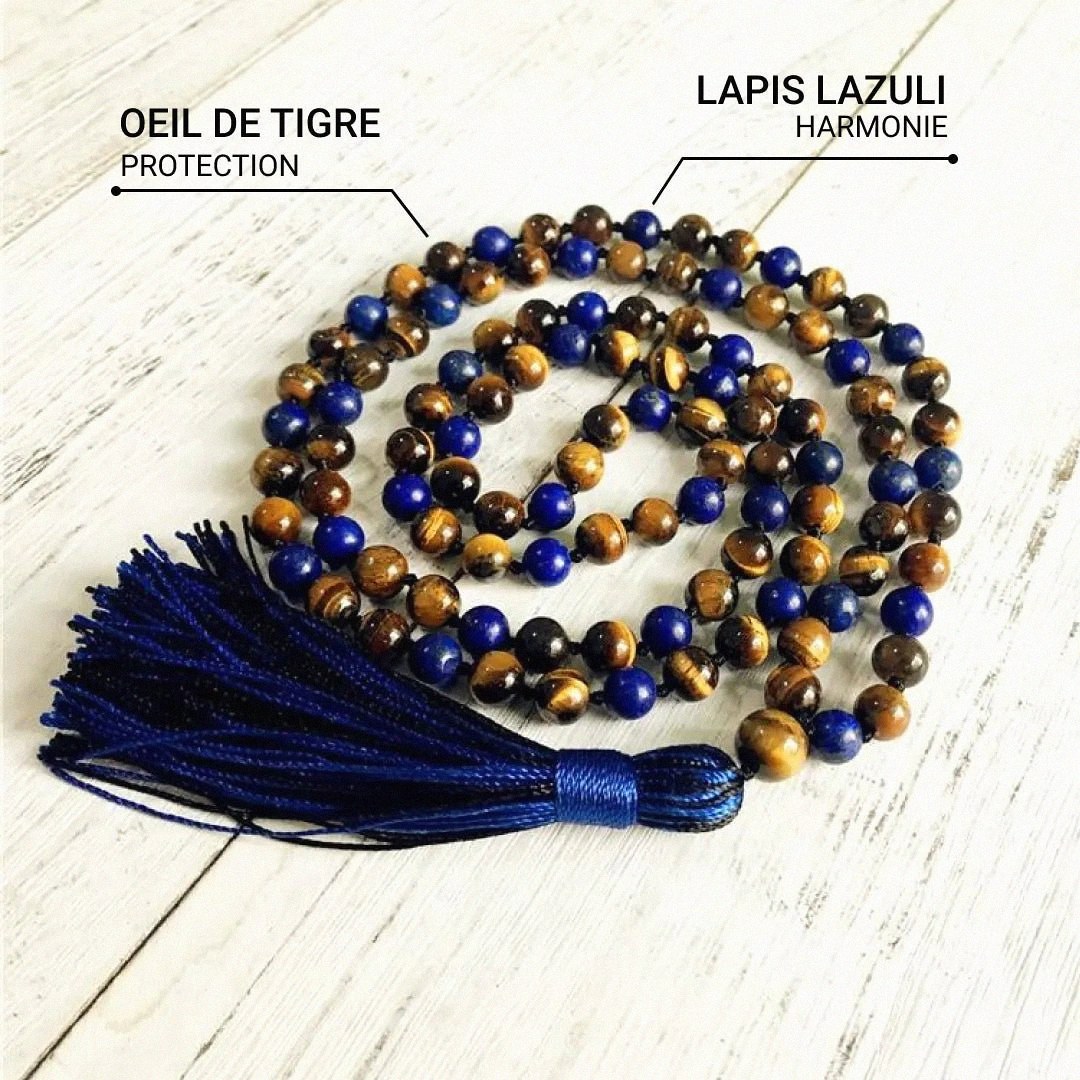 Lapis Lazuli & Tiger Eye Mala Necklace for Protection and Communication