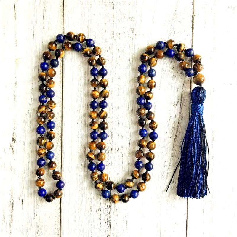Lapis Lazuli & Tiger Eye Mala Necklace for Protection and Communication