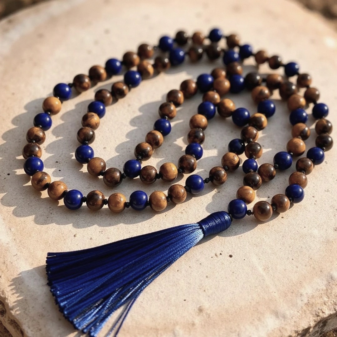 Lapis Lazuli & Tiger Eye Mala Necklace for Protection and Communication