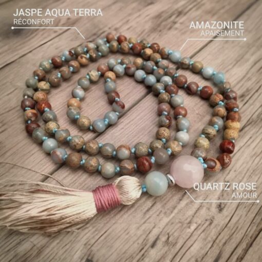 Mala Necklace 108 Beads in Aqua Terra Jasper, Amazonite & Rose Quartz