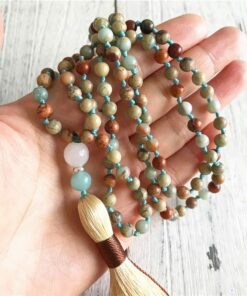 Mala Necklace 108 Beads in Aqua Terra Jasper, Amazonite & Rose Quartz