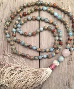 Mala Necklace 108 Beads in Aqua Terra Jasper, Amazonite & Rose Quartz