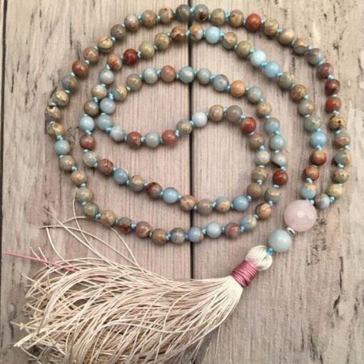 Mala Necklace 108 Beads in Aqua Terra Jasper, Amazonite & Rose Quartz