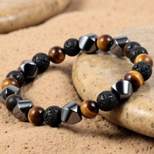 Triple Protection Bracelet in Lava Stone, Tiger Eye & Hematite