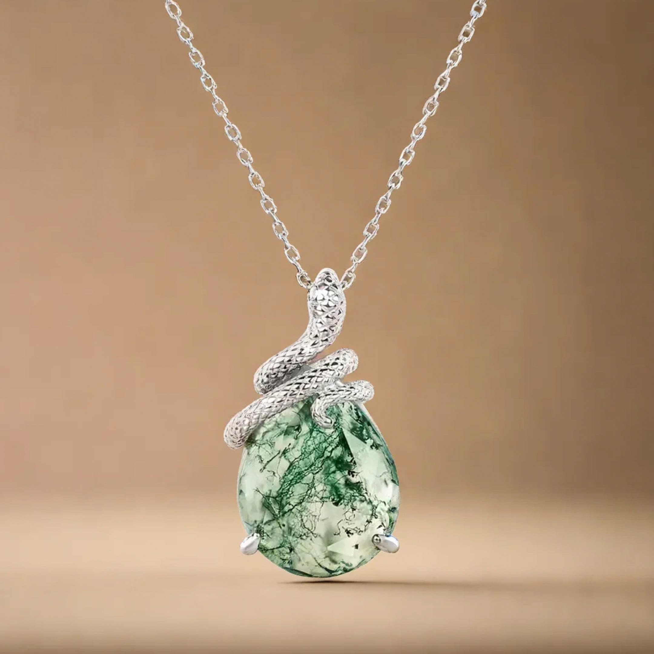 Moss Agate & Silver 'Guardian of Serenity' Pendant