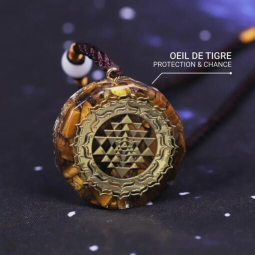Sri Yantra Orgonite Pendant - Sacred Protection in Tiger Eye