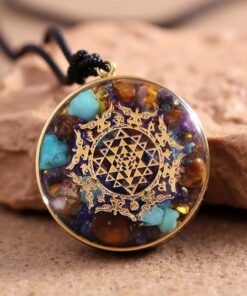 Sri Yantra Orgonite Pendant in Turquoise & Tiger's Eye - Unique Healing Crystal Jewelry