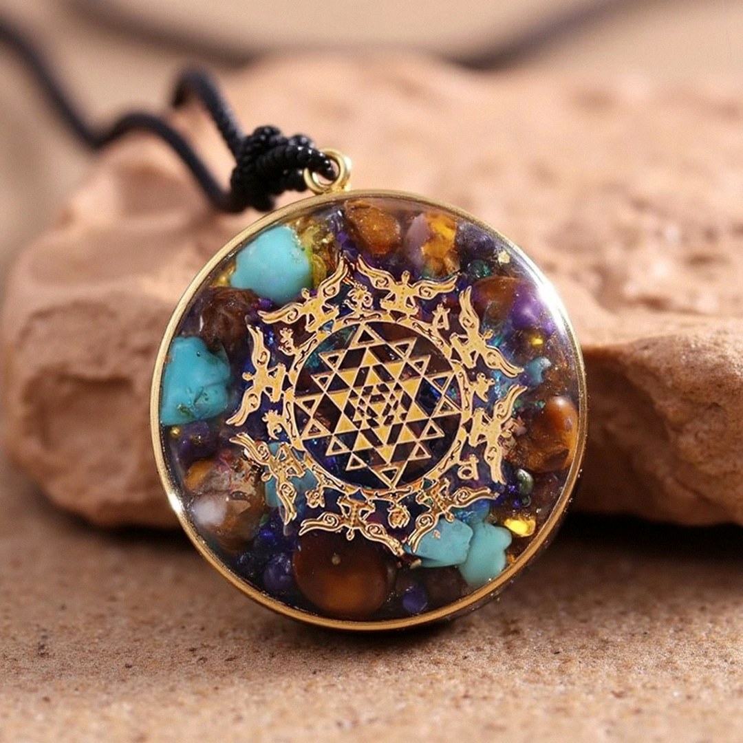Sri Yantra Orgonite Pendant in Turquoise & Tiger's Eye - Unique Healing Crystal Jewelry