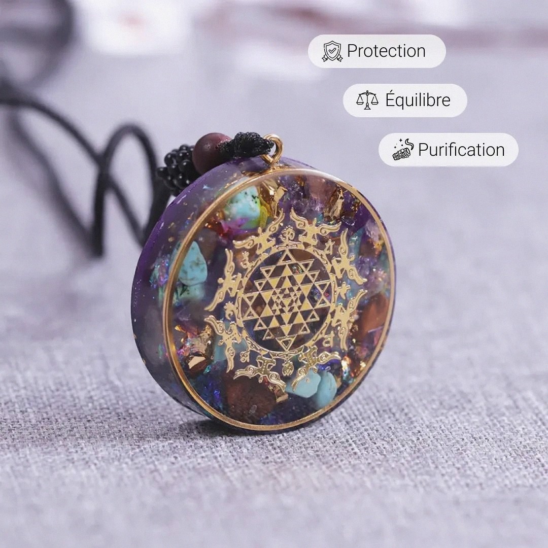 Sri Yantra Orgonite Pendant in Turquoise & Tiger's Eye - Unique Healing Crystal Jewelry