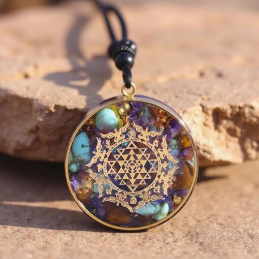 Sri Yantra Orgonite Pendant in Turquoise & Tiger's Eye - Unique Healing Crystal Jewelry