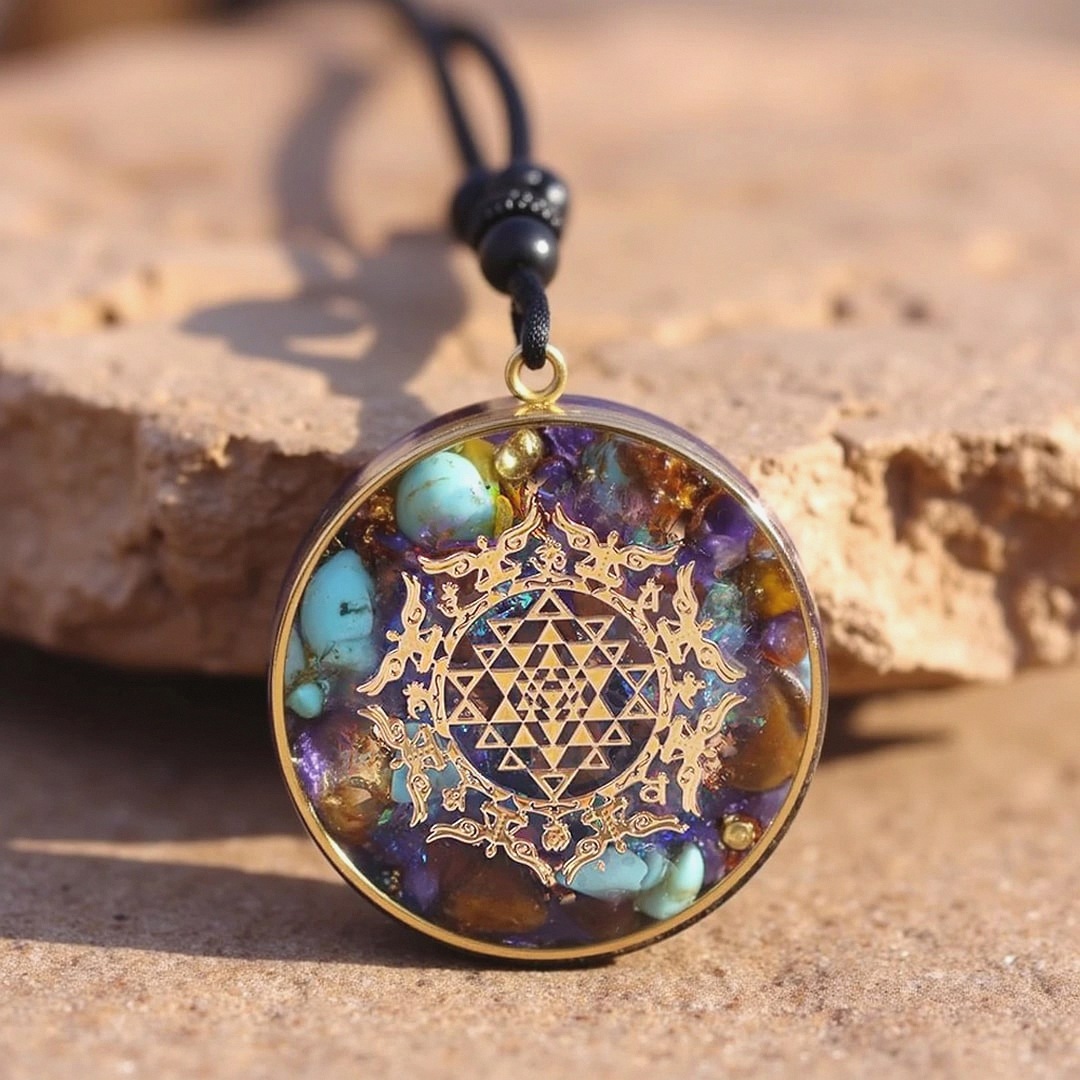 Sri Yantra Orgonite Pendant in Turquoise & Tiger's Eye - Unique Healing Crystal Jewelry