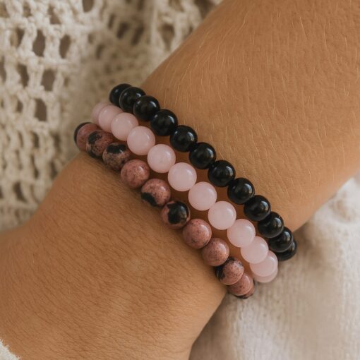 Peace & Balance Bracelet Trio in Onyx, Rose Quartz & Rhodonite