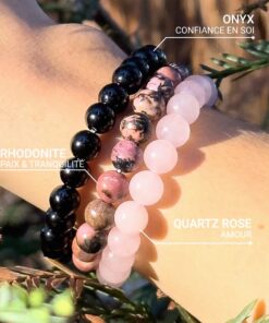 Peace & Balance Bracelet Trio in Onyx, Rose Quartz & Rhodonite