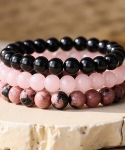 Peace & Balance Bracelet Trio in Onyx, Rose Quartz & Rhodonite