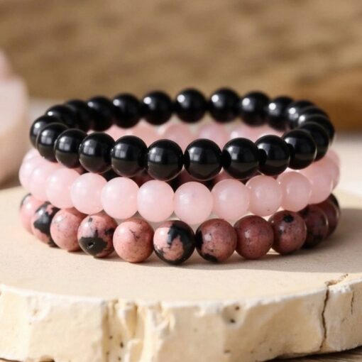 Peace & Balance Bracelet Trio in Onyx, Rose Quartz & Rhodonite