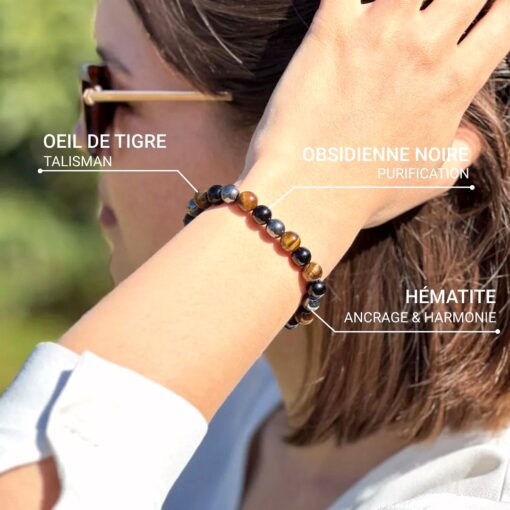 3 Protections Bracelet in Tiger Eye, Hematite & Black Obsidian